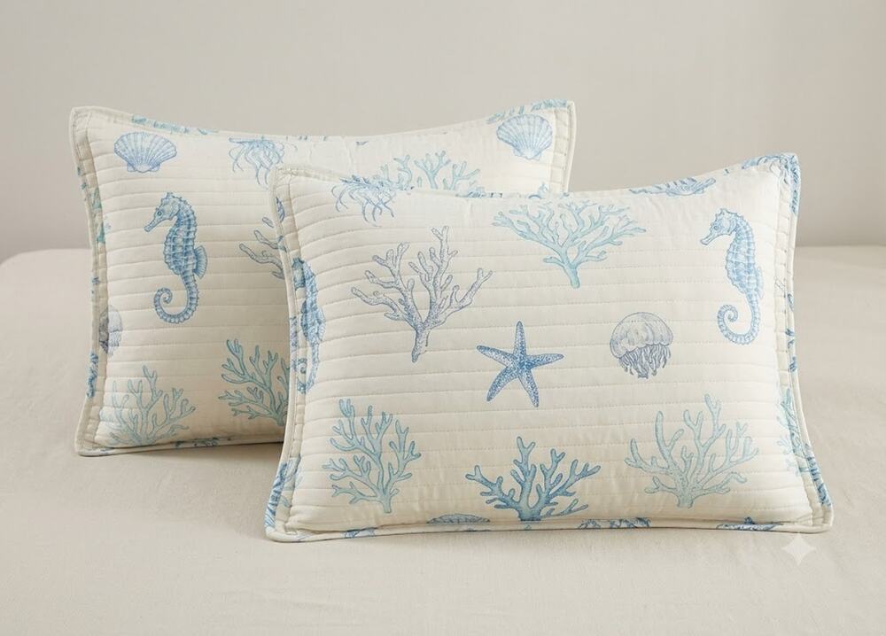 2- King Size Coastal Sea Life Ocean Nautical Pillow Cover Case Shams 20x36 each